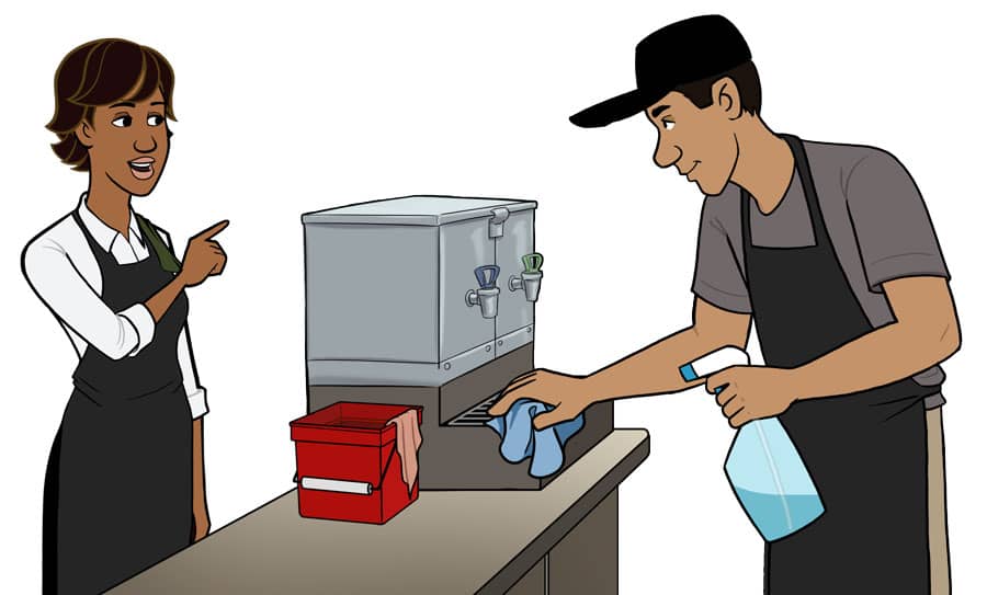 Food worker learns to clean and sanitize the self-serve drink station.