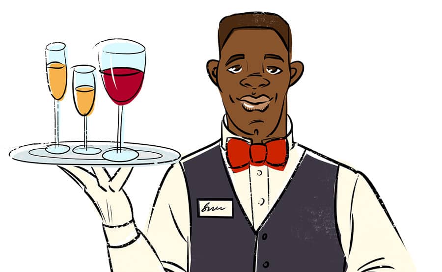 Server with tray of alcoholic beverages