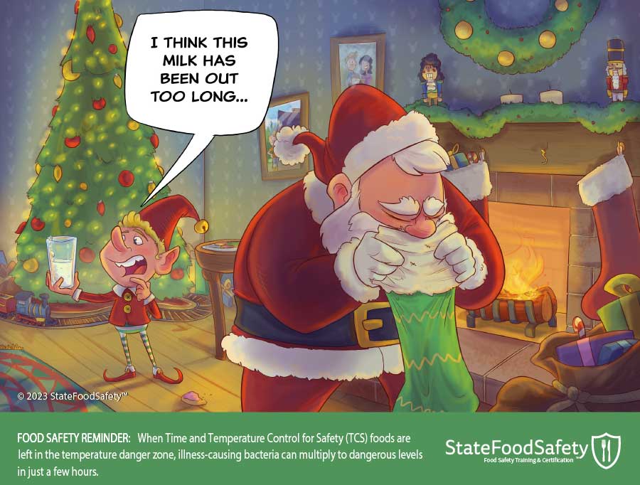 Cartoon of Santa Claus vomiting into a stocking while an elf comments that the glass of milk was left out too long