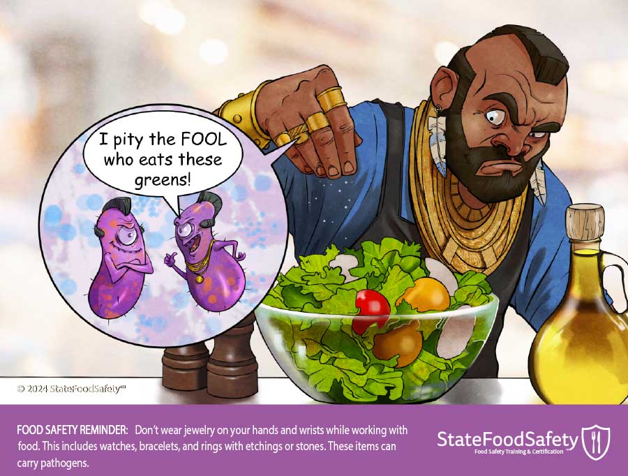 Cartoon of Mr. T wearing rings and sprinkling garnish on a salad with his bare hand