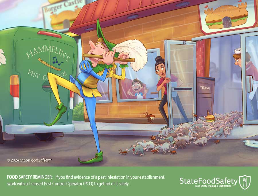 Cartoon of pied piper calling a horde of mice, rats, and cockroaches out of a fast food restaurant