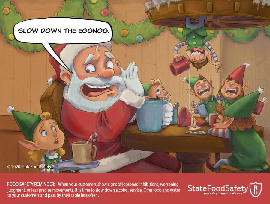 Cartoon with drunk Christmas elves and Santa asking a server to slow their alcohol service